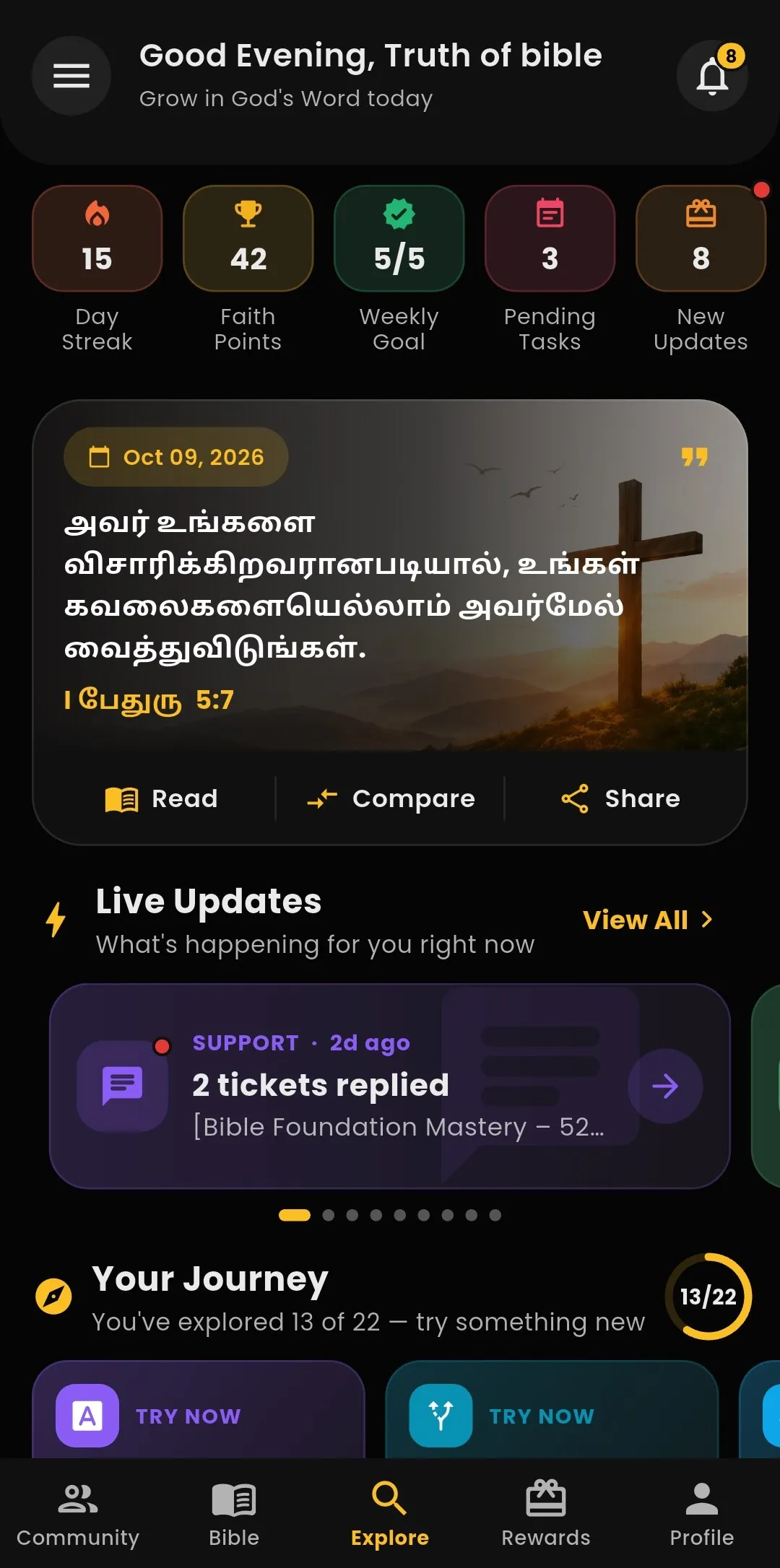 The Truth of Bible app home: journey, live updates and courses
