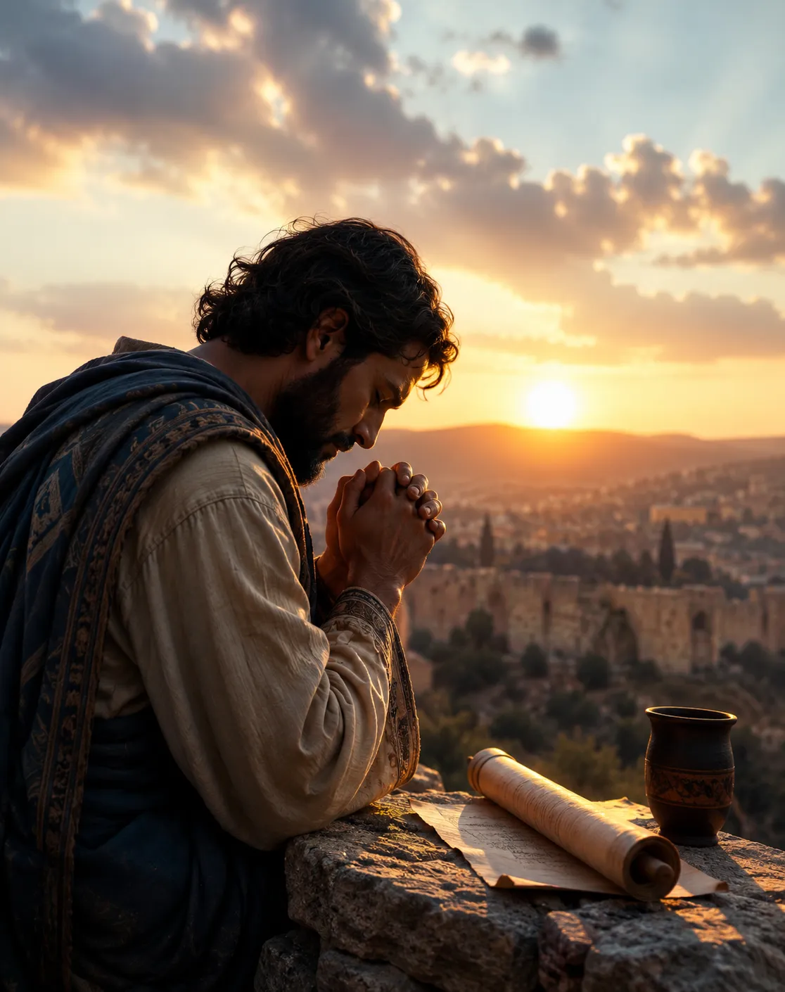 Nehemiah praying while spiritually alert near Jerusalem walls, inspired by Matthew 25:13 stay awake Bible teaching