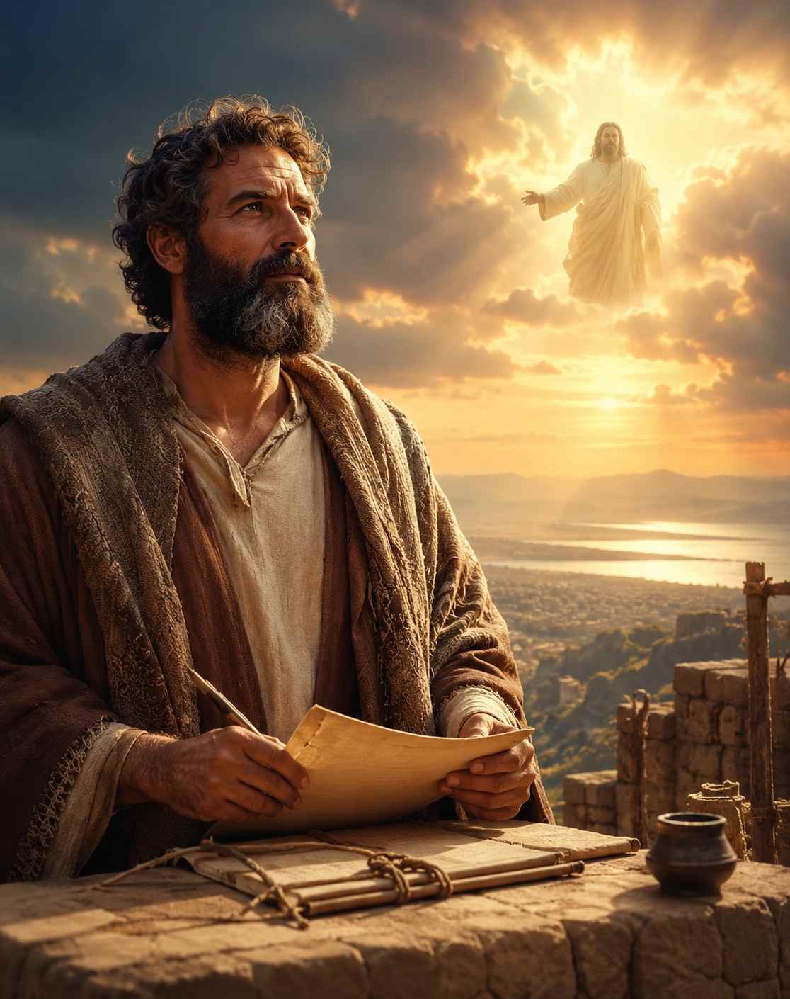A symbolic depiction of the Prophet Ezekiel standing as a faithful watchman over Jerusalem, illustrating spiritual responsibility in Matthew 25.
