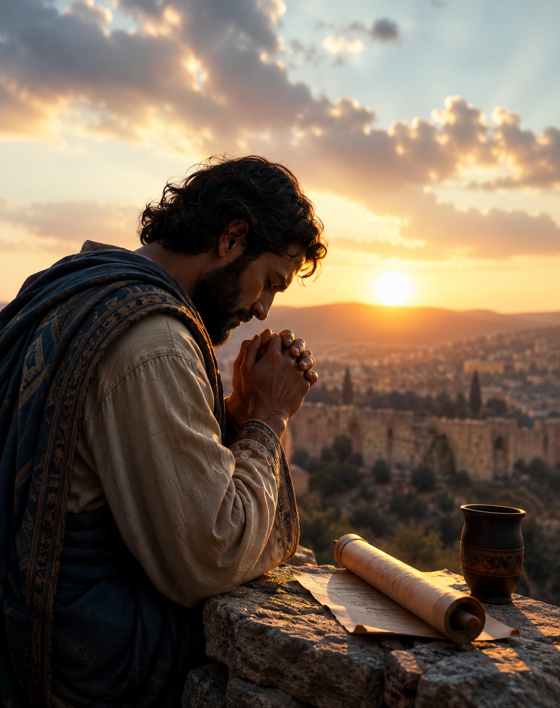 Nehemiah praying while spiritually alert near Jerusalem walls, inspired by Matthew 25:13 stay awake Bible teaching